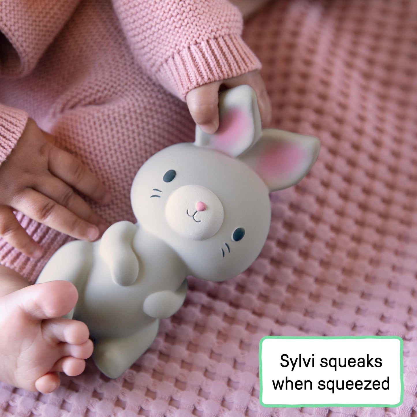 Sylvi Natural Rubber Baby Teether Toy, Rabbit Teething Toy for Sore Gums 0-6 Months, Soft Sensory Chew Toy Easy to Grasp for Infants 0+ Months, Gender