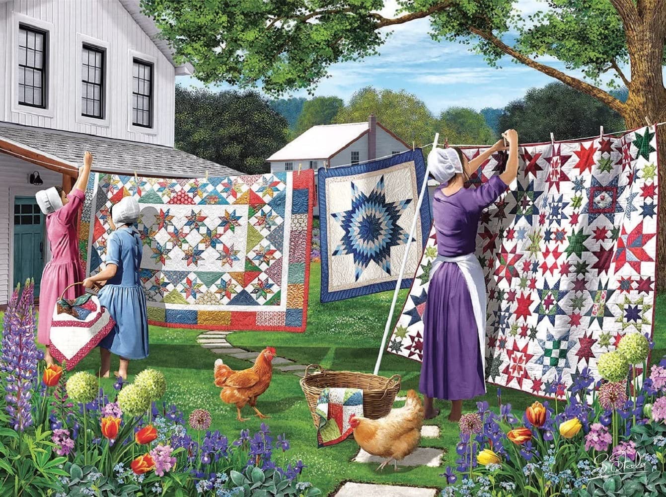 SUNSOUT INC - Quilts in the Backyard - 500 pc Jigsaw Puzzle by Artist: Sharon Steele - Finished Size 18" x 24" - MPN# 42077