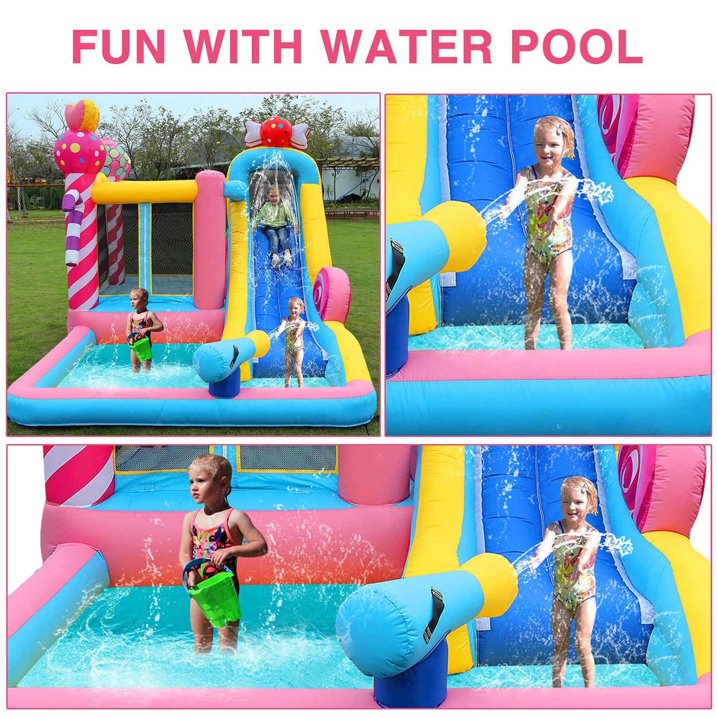 Inflatable Water Slide Bounce House for Kids,Candy Style,Bouncy Castle W/Air Blower, Splash Pool, Climbing Wall, Water Cannon, 840D Oxford, Birthday