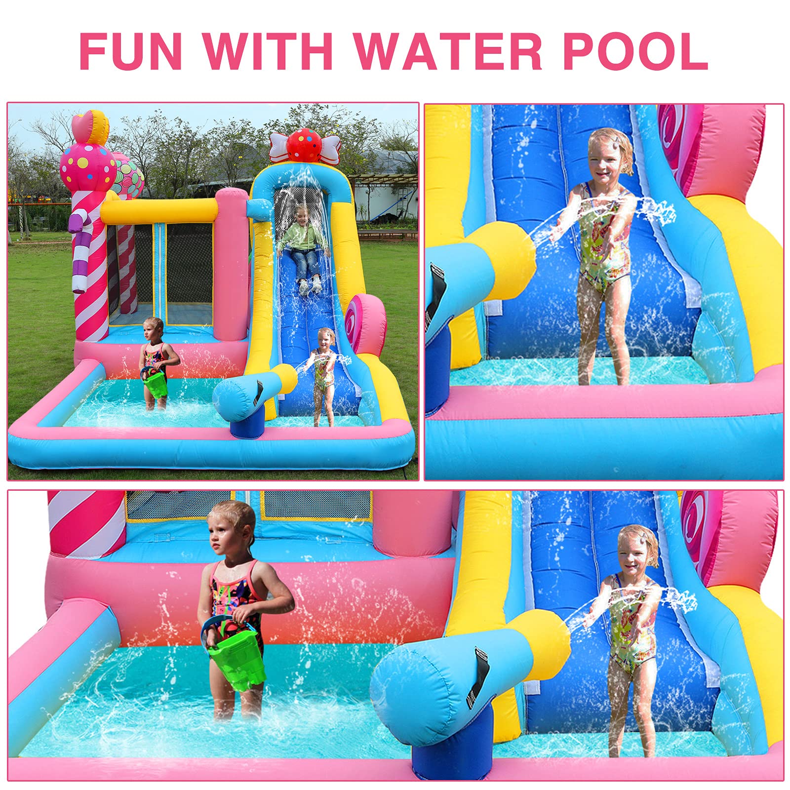 Inflatable Water Slide Bounce House for Kids,Candy Style,Bouncy Castle W/Air Blower, Splash Pool, Climbing Wall, Water Cannon, 840D Oxford, Birthday