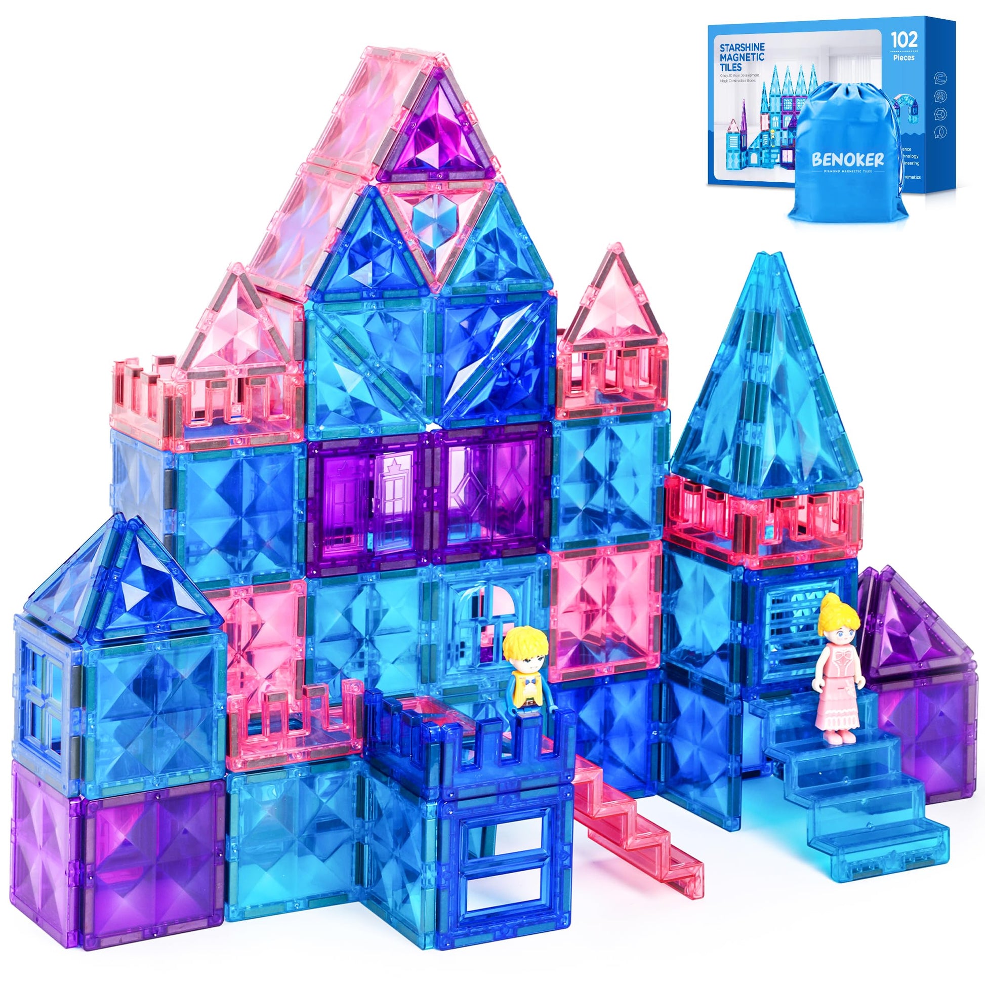 BENOKER Castle Magnetic Tiles, 3D Building Blocks STEM Educational Kids Toys for Pretend Play, 3 4 5 6 7 8 Year Old Birthday Gifts for Boys and Girls