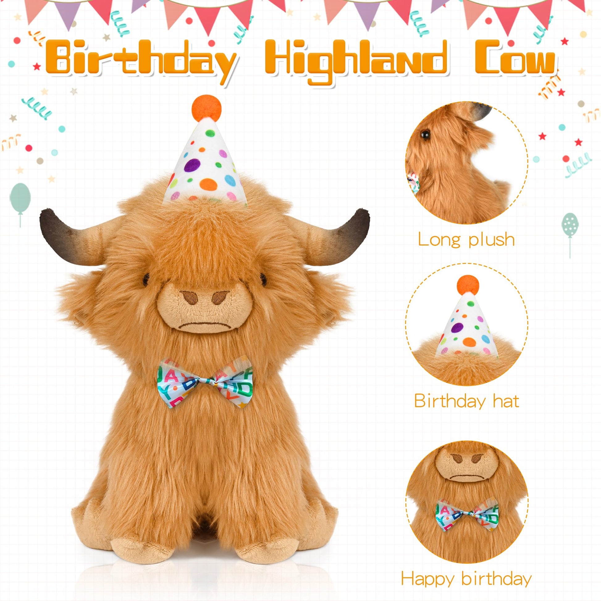 YZXZM Happy Birthday Highland Cow Plush, Birthday Stuffed Animal, Soft Plushie Cute Cow Plush Pillow Gifts for Boys & Girls (9.8 Inch)