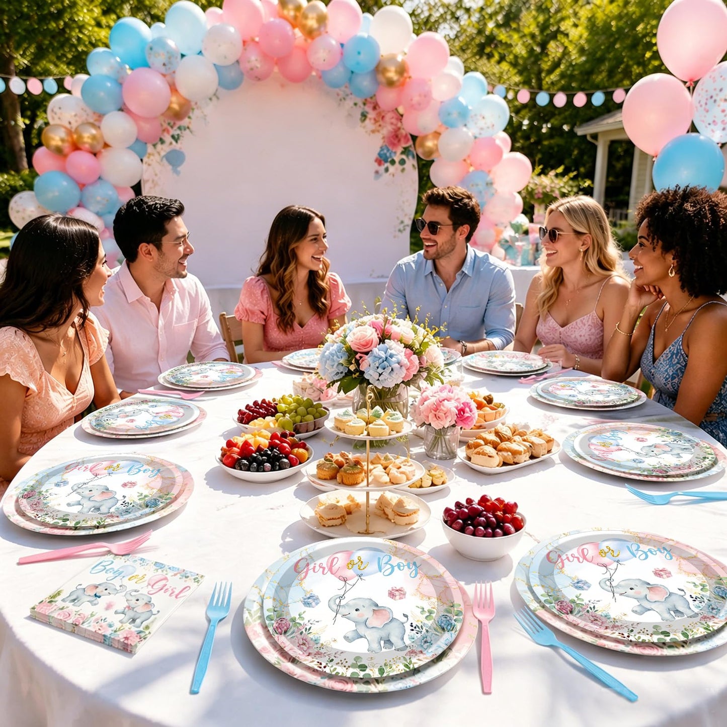 100 Pcs Elephant Gender Reveal Tableware Set, Serves 25, Disposable Boy or Girl Design Paper Plates, Napkins, and Pink Blue Plastic Forks, Baby Shower