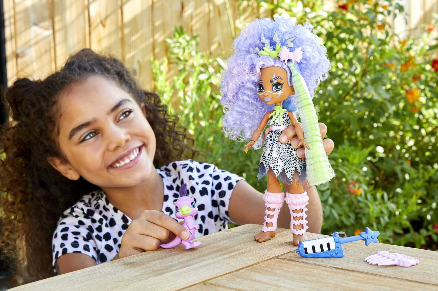 Mattel Cave Club Bashley Doll (8 10-inch, Lavender Hair) Poseable Prehistoric Fashion Doll with Dinosaur Pet and Accessories, Gift for 4 Year Olds and