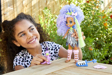 Mattel Cave Club Bashley Doll (8 10-inch, Lavender Hair) Poseable Prehistoric Fashion Doll with Dinosaur Pet and Accessories, Gift for 4 Year Olds and