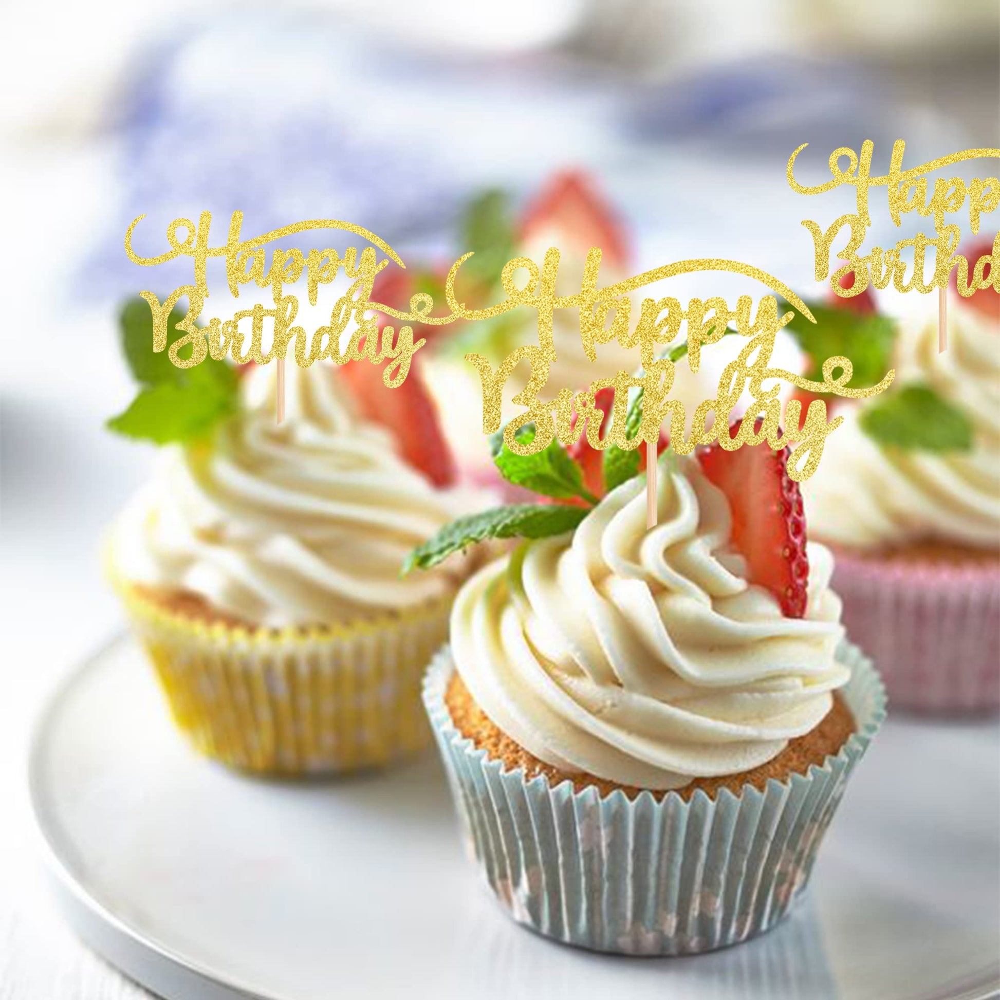 Rsstarxi 24 Pack Happy Birthday Cupcake Toppers Gold Glitter Birthday Cupcake Food Picks for Celebrating Happy Birthday Party Cake Decorations