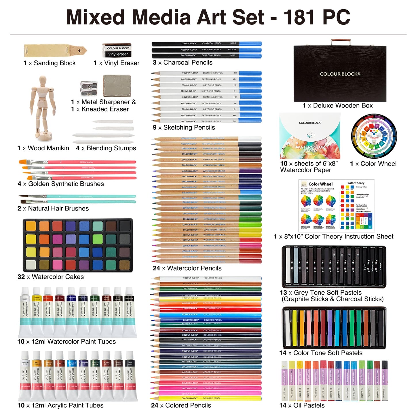 COLOUR BLOCK 181-Piece Mixed Media Art Set in Wooden Case, Deluxe Drawing Set and Professional Art Supplies for Adults, Art Kit for Drawing