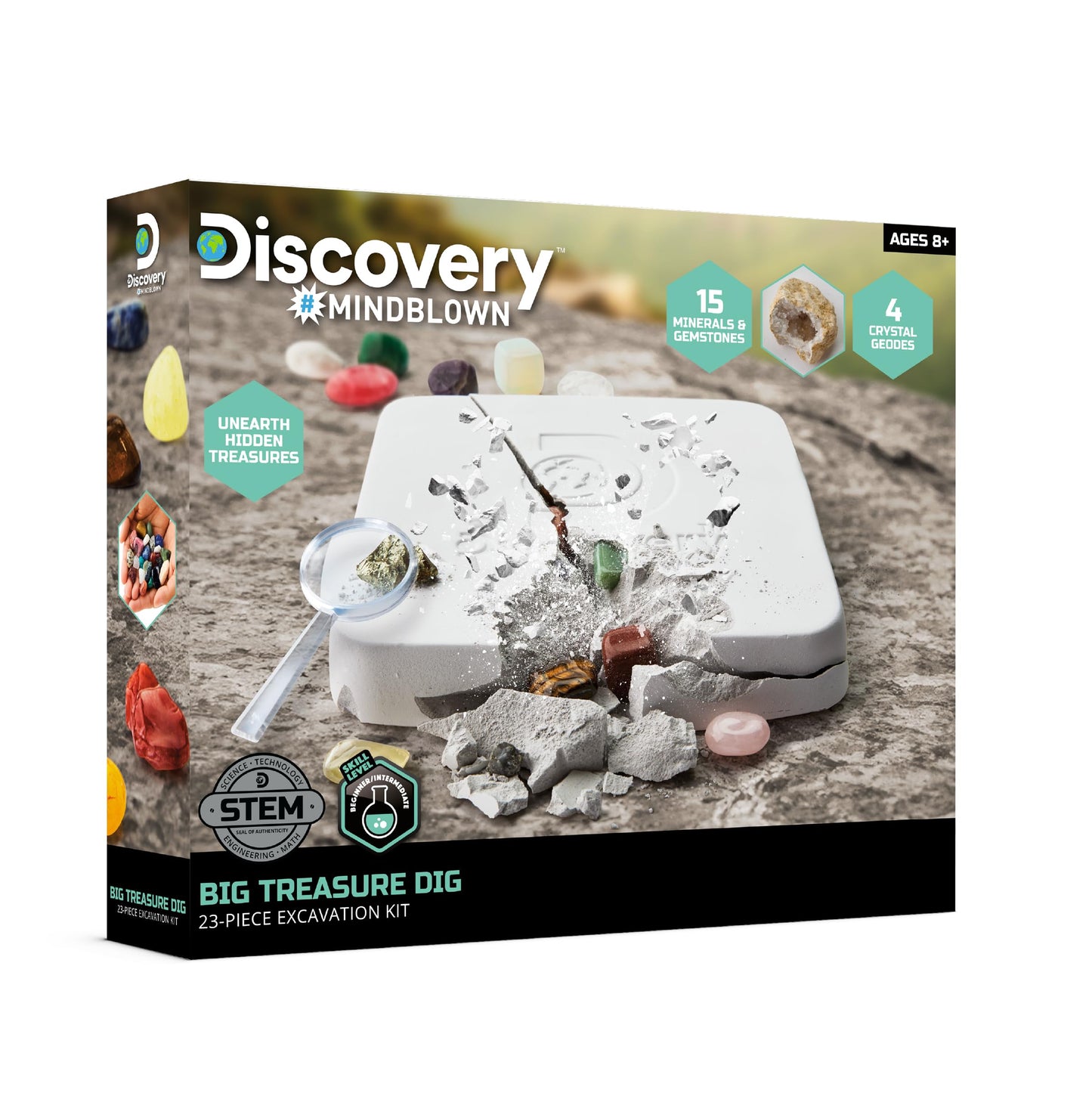Discovery™ Big Treasure Dig STEM Kit - 23-Piece Excavation Set for Kids| Dig for 15 Gemstones, 4 Crystal Geodes & Pyrite Nuggets| Real Tools|