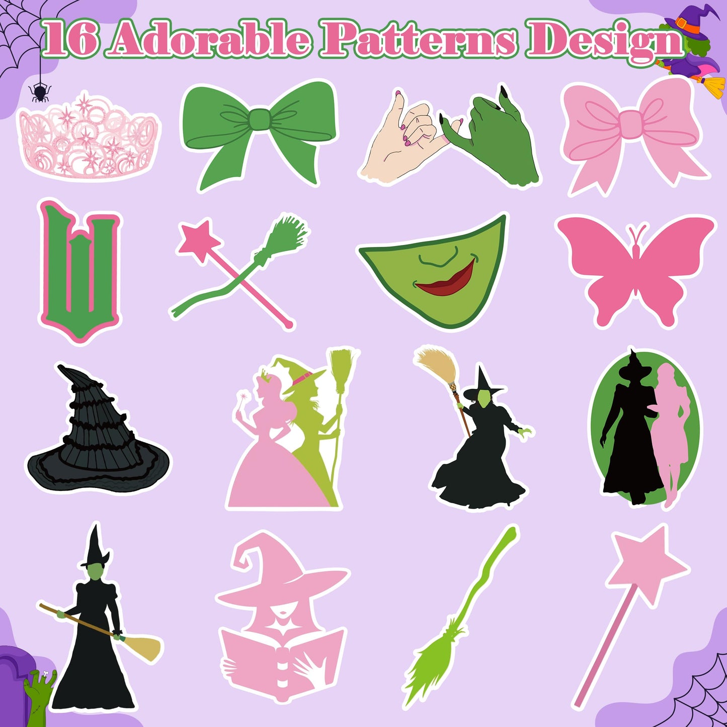 GUjianzhi 1000Pcs Witch Musical Stickers, Pink Crown Black Hat Green Broom Adhesive Decals for Kids Girls, Wicky Witch TV Movie Merchandise Party