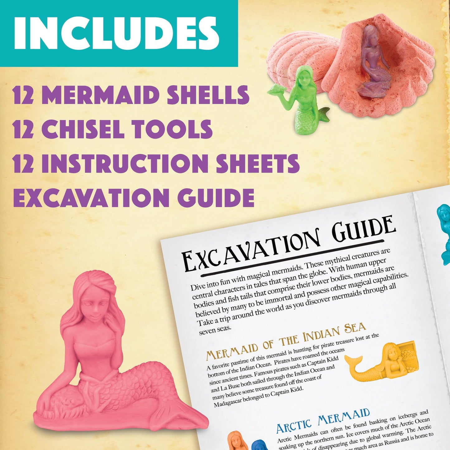 MindWare Dig It Up! Discoveries Mermaids - Dig Kits for Kids with 12 Sea Shells, Each with a Mermaid Toy Inside, 12 Chiseling Tools and Instructions