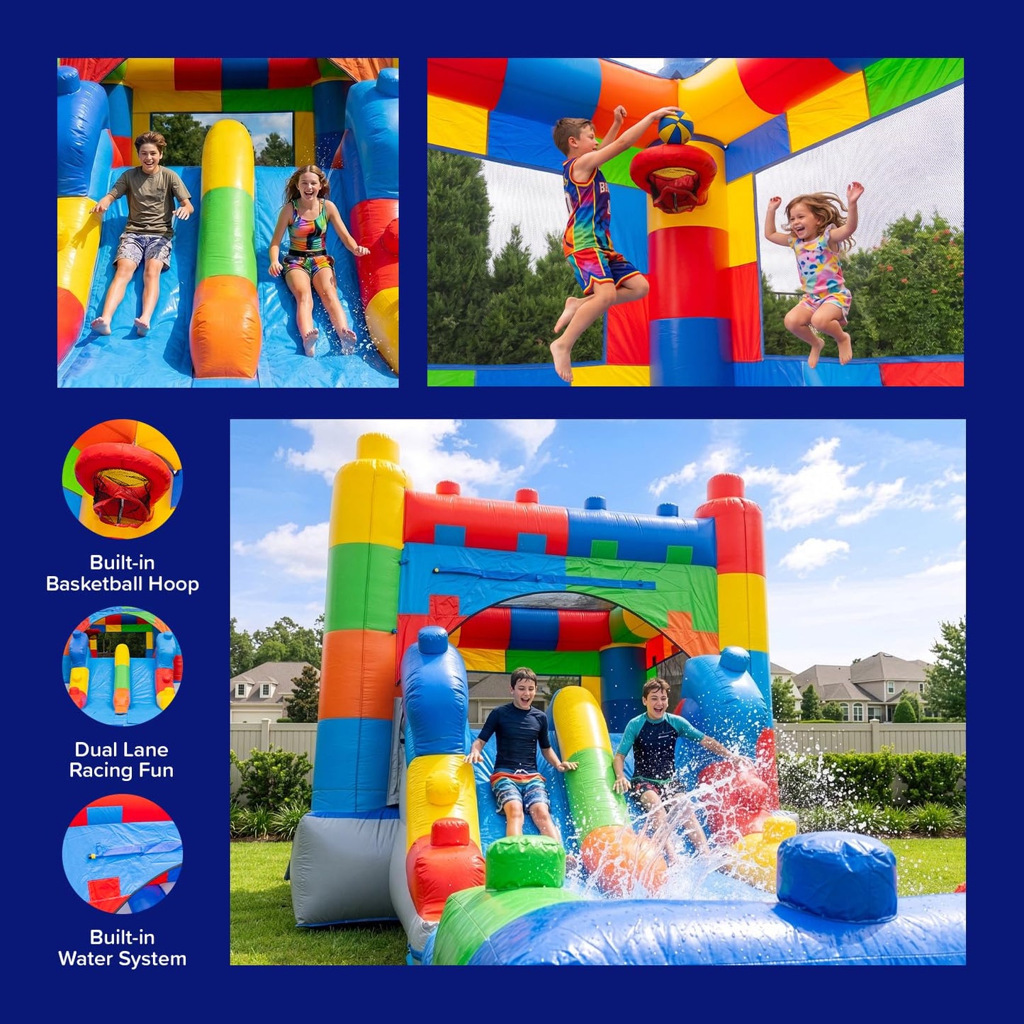 HeroKiddo 12ft Block Party Inflatable Bounce House Dual Lane Slide with Blower