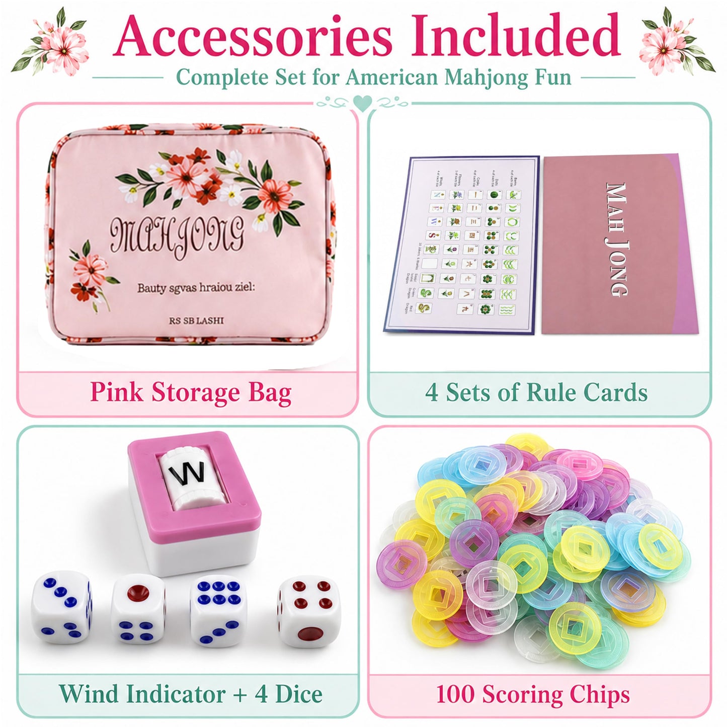 Pink American Mahjong Set, 160 Engraved Melamine 1.2-Inch Mahjong Tiles with Fruit & Floral Designs, Includes Storage Bag, Dice, Scoring Chips, Wind