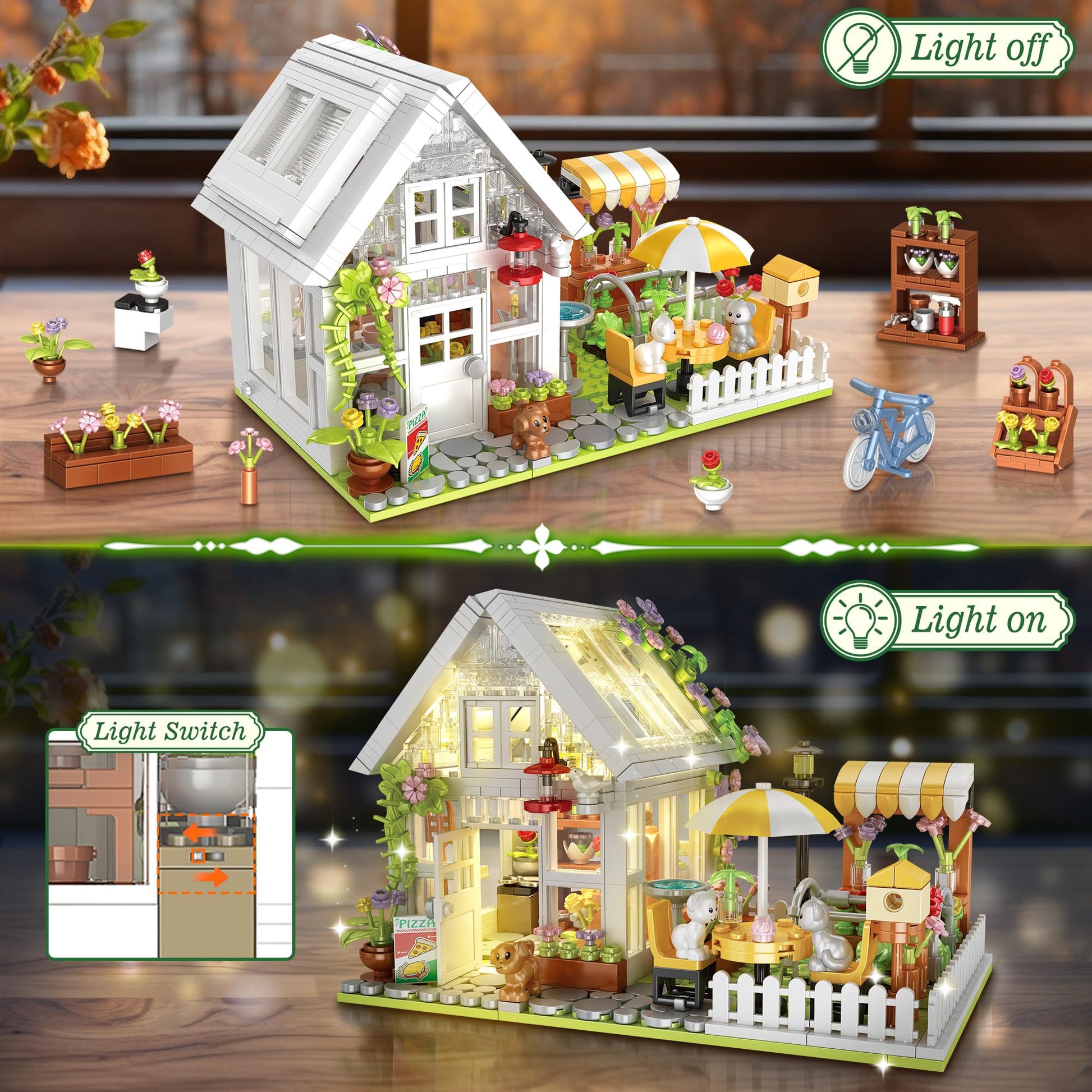 Flower House Building Block for Adults, Garden Architecture Building Toy with LED, Greenhouse Model Building Set, Garden Glass House Building Kit