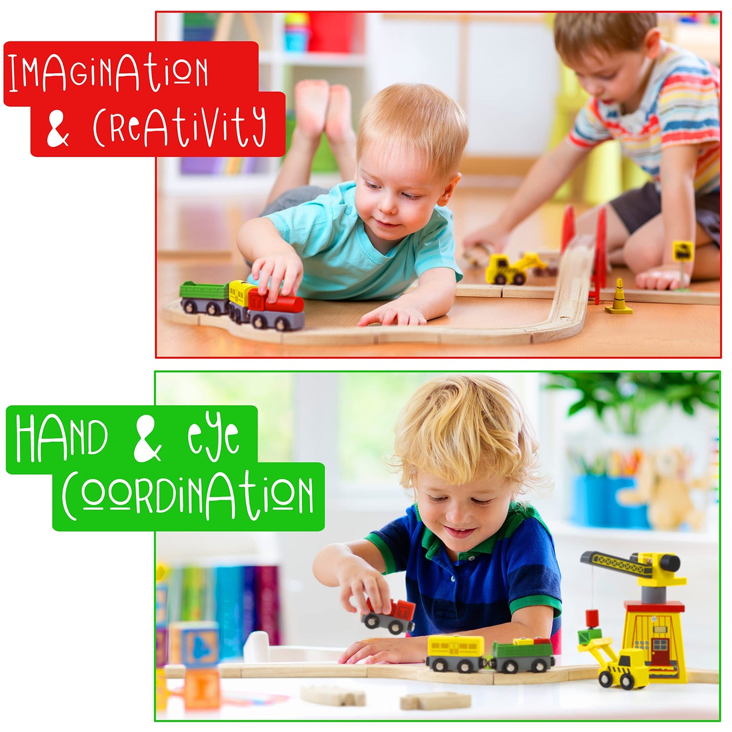 KipiPol Wooden Train Sets for Boys 2-4-7 - 38 Pcs Wood Train Set for Toddlers w/Crane, Bridge & Wooden Train Tracks - Train Toys for 3 Year Old Boys