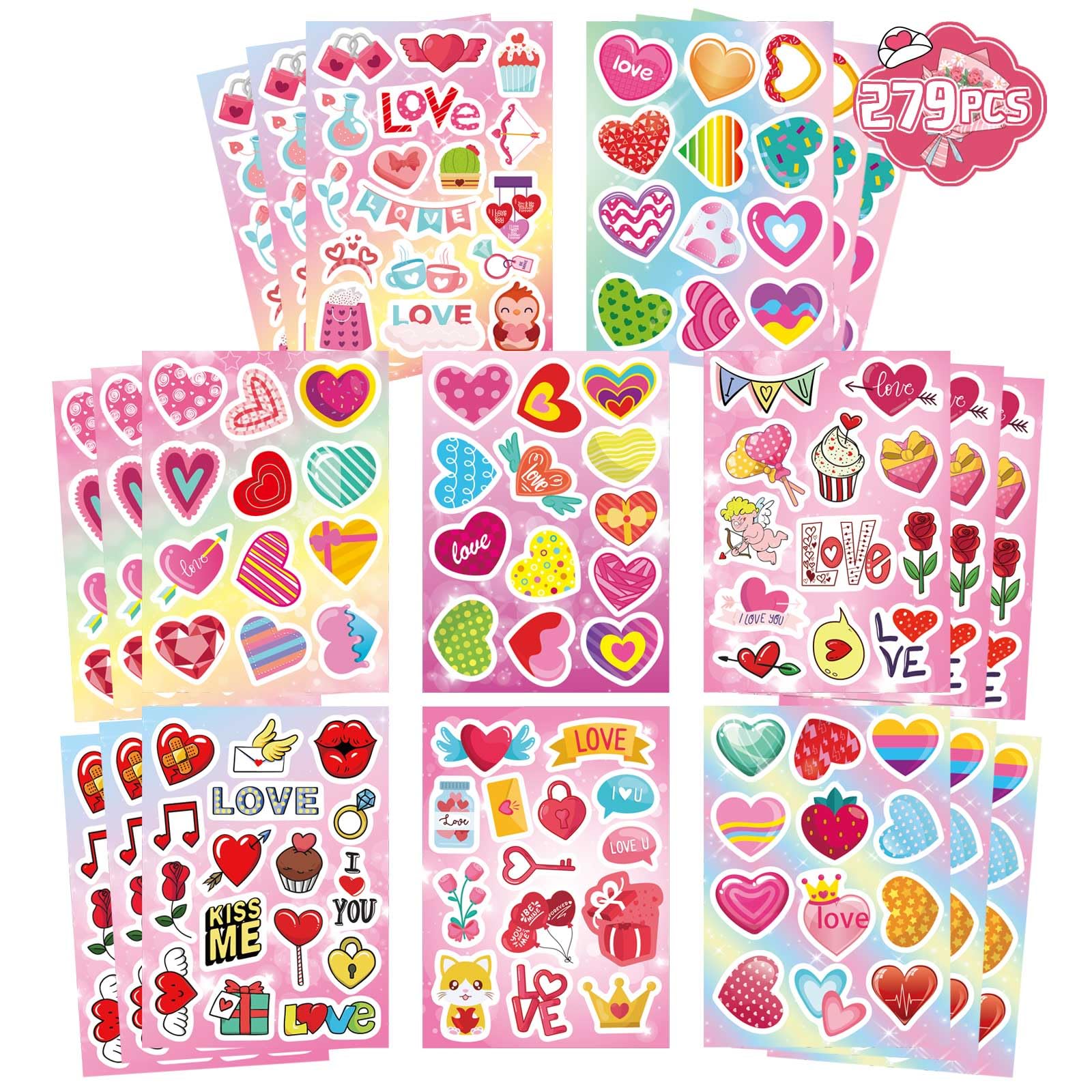 Aaon Heart Stickers(279pcs), Valentine's Day Stickers, Kids & Adults, Red Heart Shaped, Vinyl, Indoor Use