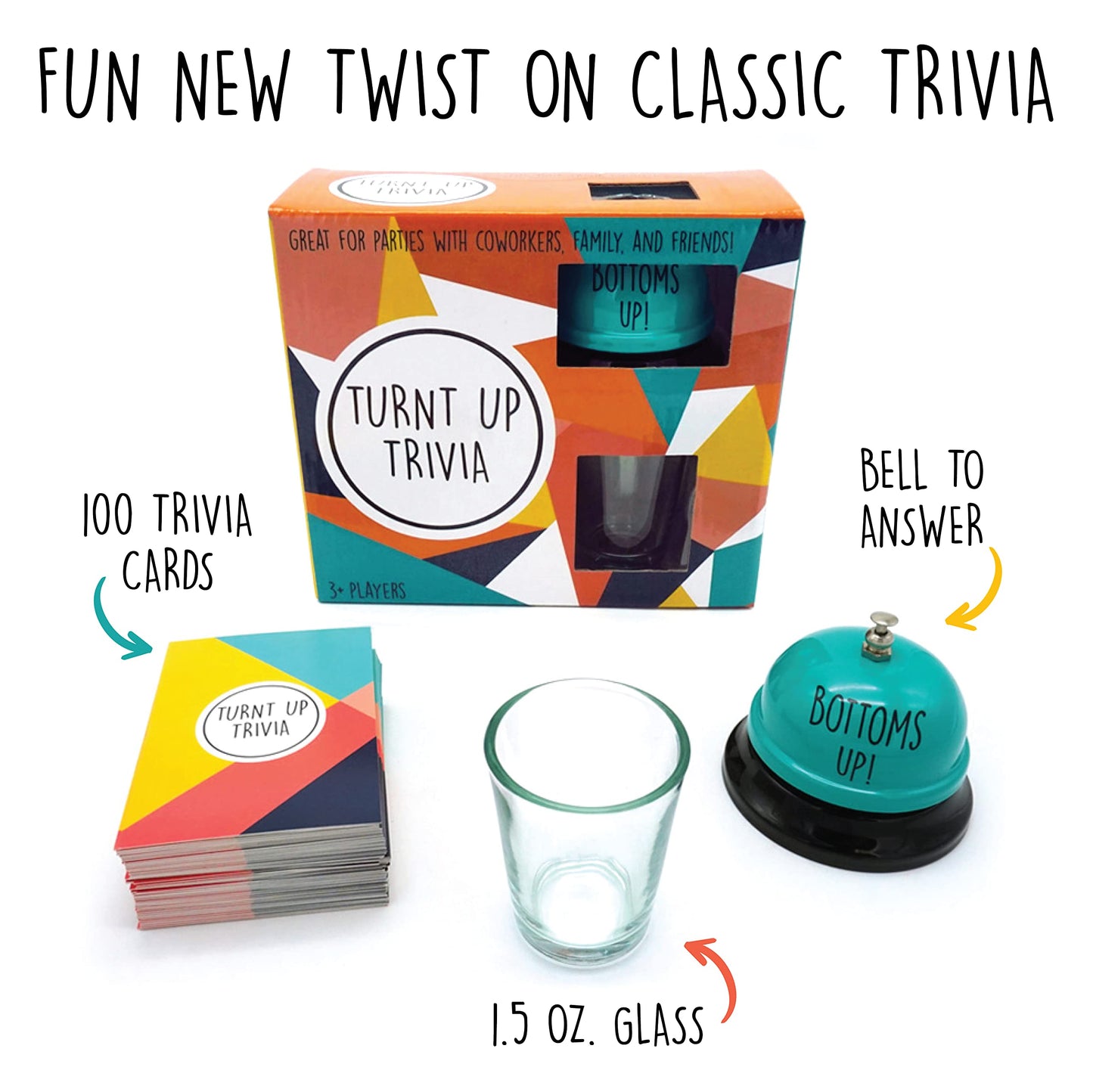 TMD Retail Turnt Up Trivia Card Game for Adults - Call Bell Game for Family and Friends - Bachelor and Birthday Party Trivia With 1.5 Oz Shot Glass