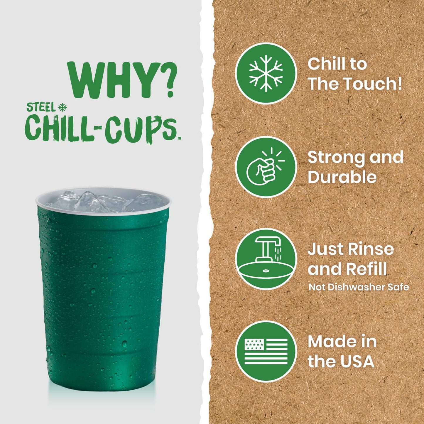 Steel Chill Cups 16 oz. Durable & Reusable Party Cups, Green, 12 Count