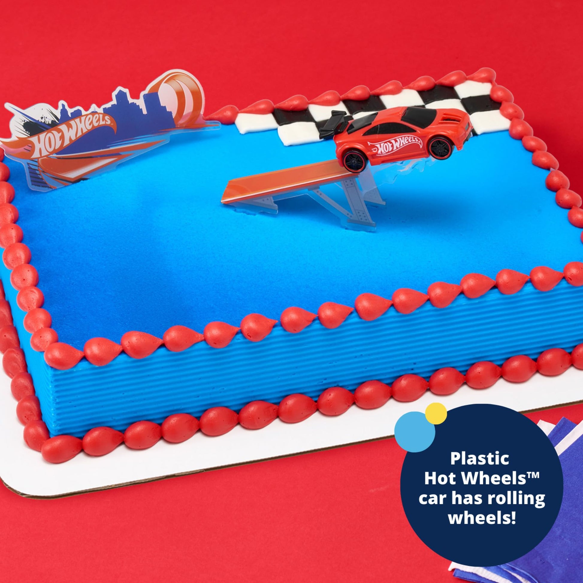 DecoSet® Hot Wheels™ Supreme Speed Cake Topper, Car Cake Decoration Set with Vehicle cake topper, Ramp and Background Pics, 3 Piece Set | For Birthday