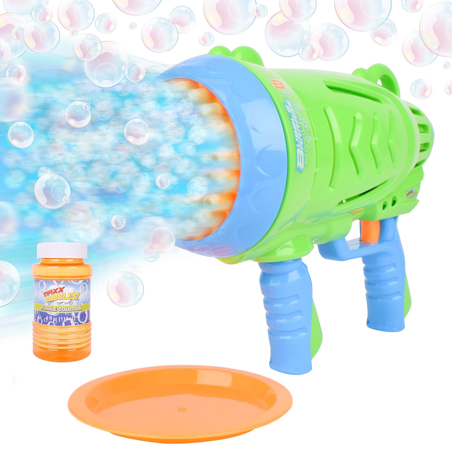 Maxx Bubbles Automatic Bubble Barrage Gun Includes Non Toxic Bubble Solution and Dip Tray, Bubble Barrage, Bubble Blaster for Outdoors, Adult, Kids