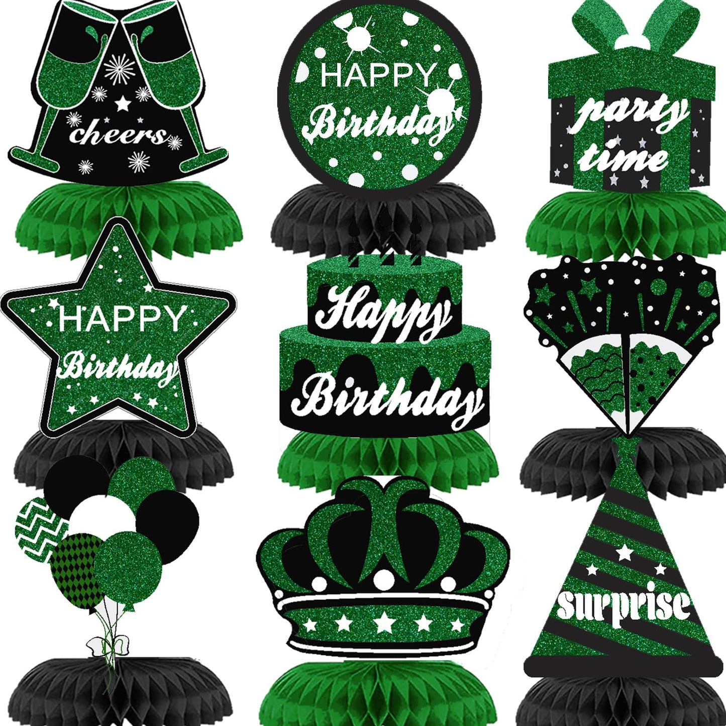 WINPOGEE 9PCS Green Black Birthday Decorations Honeycomb Centerpieces for Women Men Green Black Happy Birthday Table Centerpieces Party Supplies 16th