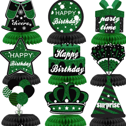 WINPOGEE 9PCS Green Black Birthday Decorations Honeycomb Centerpieces for Women Men Green Black Happy Birthday Table Centerpieces Party Supplies 16th