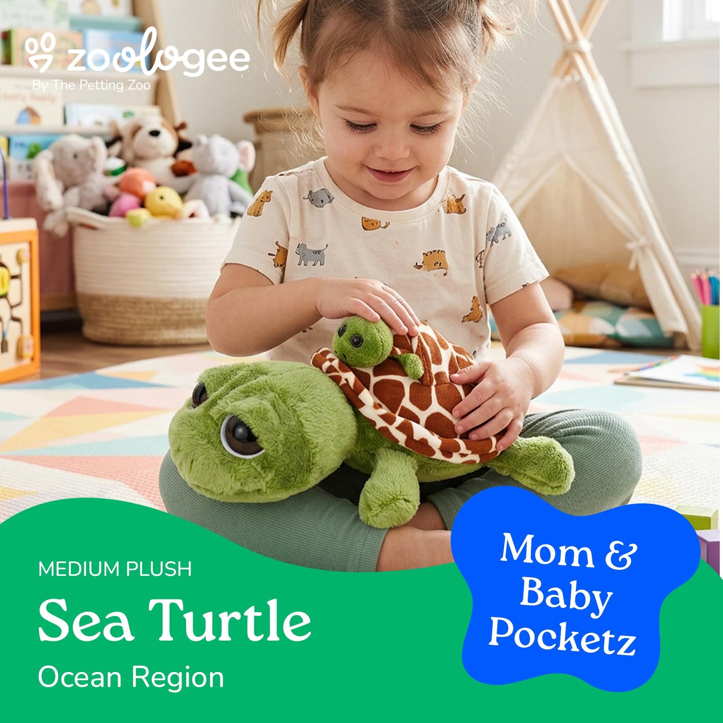 The Petting Zoo Mom and Baby Sea Turtle Stuffed Animal, Gifts for Kids, Pocketz Ocean Animals, Sea Turtle Plush Toy 12 inches