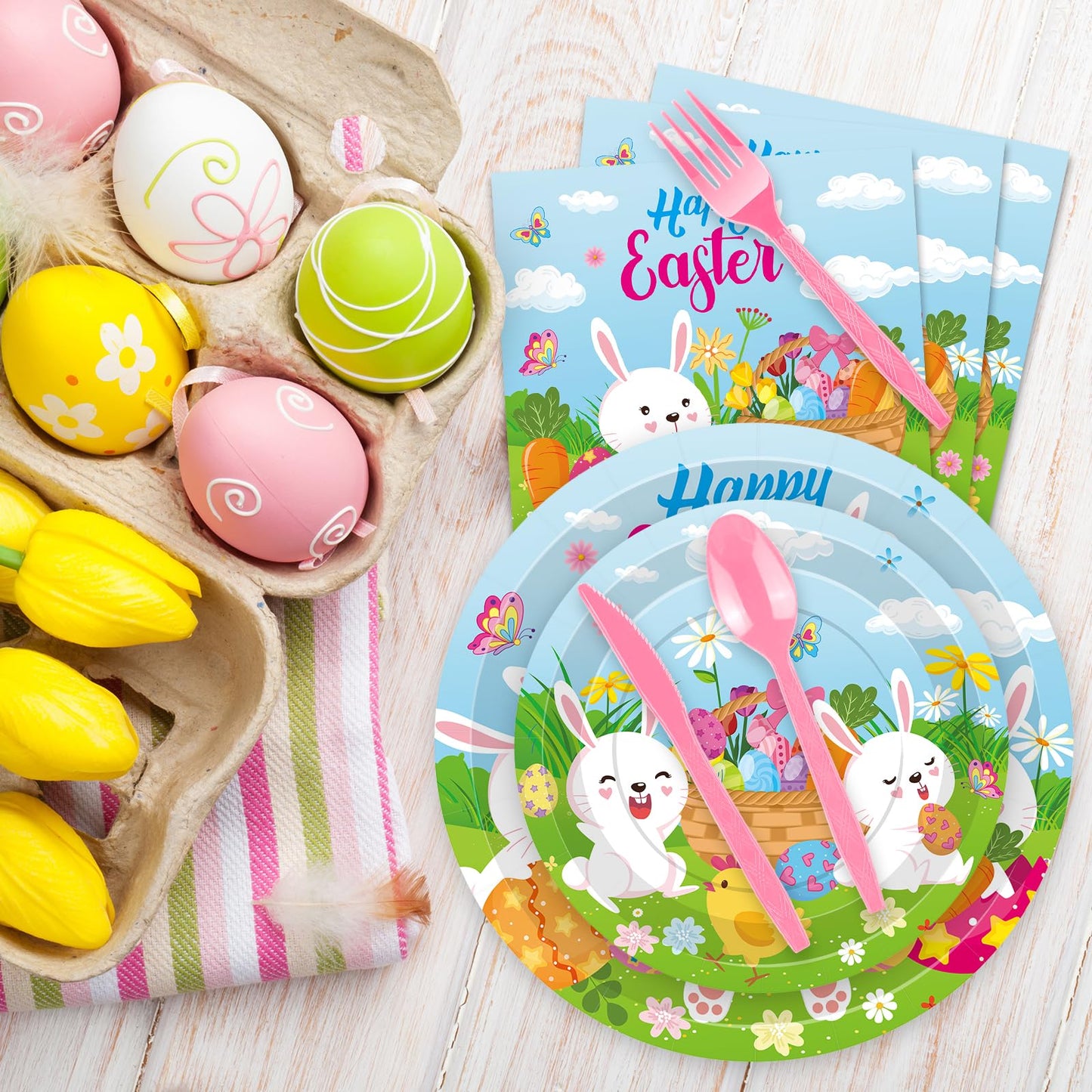 Jremreo 175 Pcs Easter Day Tableware Set - Serves 25, Happy Easter Bunny and Egg Disposable Plates, Cups, Napkins, Forks, Spoons, Knives for Spring