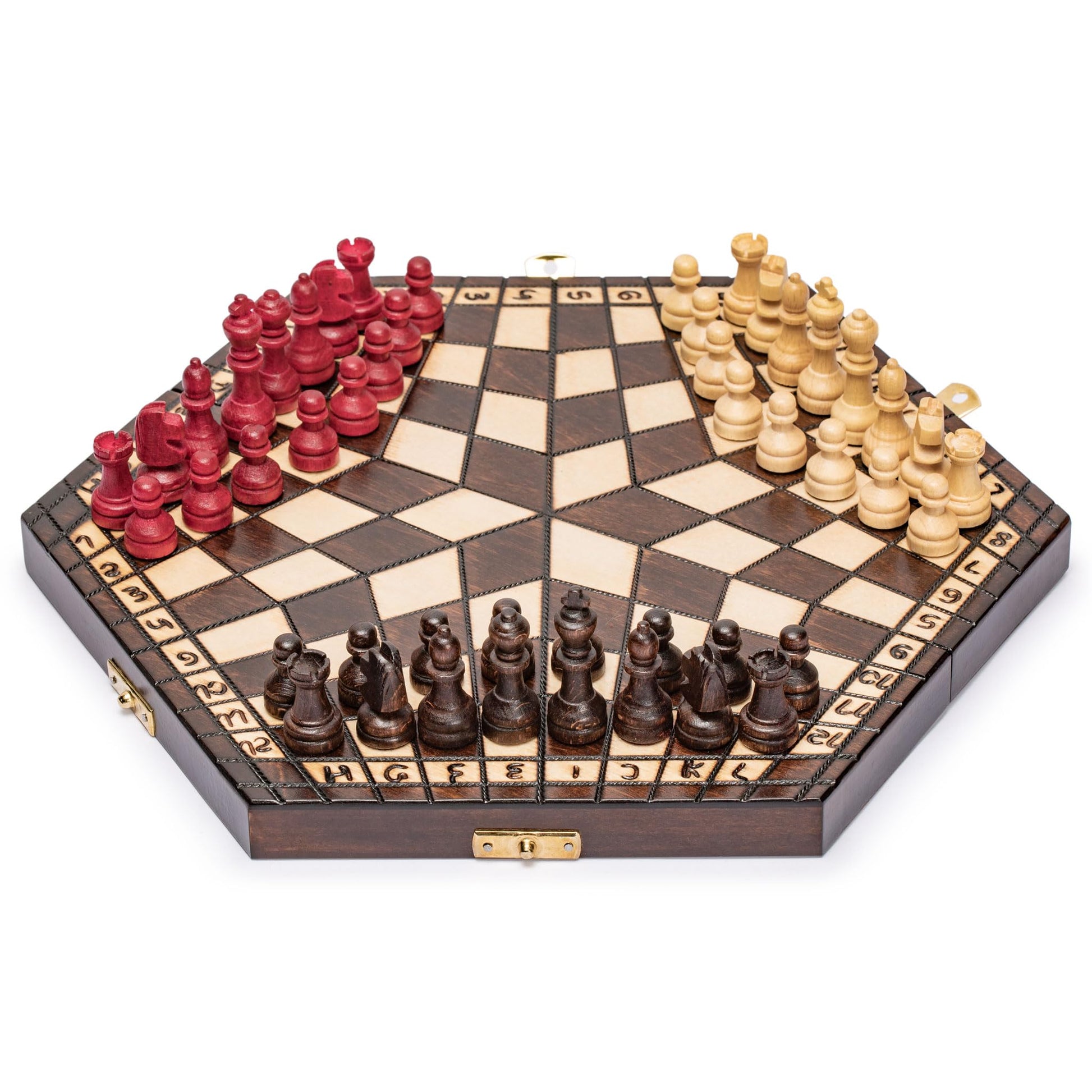 Husaria Wooden Three-Player Chess - 12 Inches - with Foldable Board, Handcrafted Playing Pieces, and Felt-Lined Storage