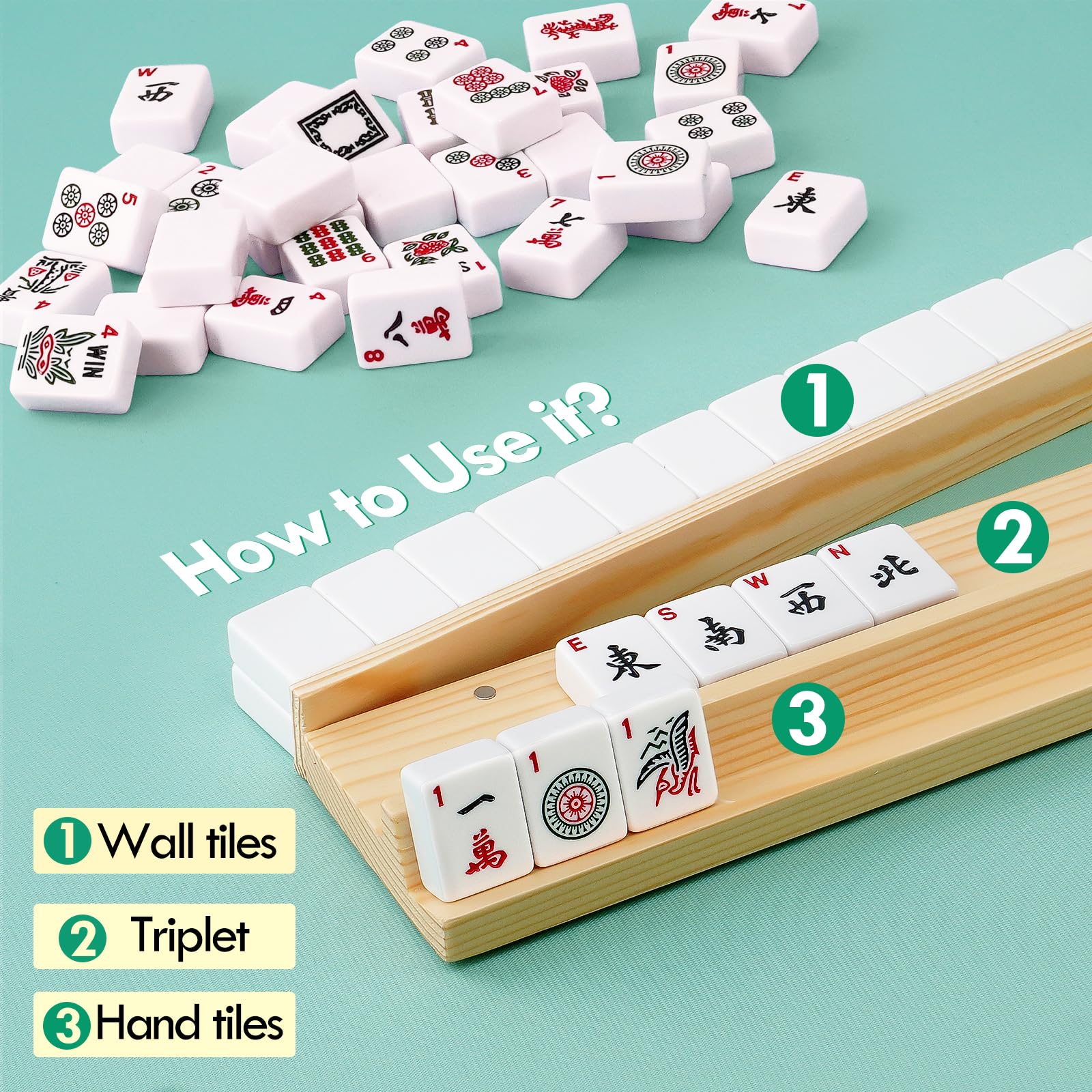 19'' Wooden Mahjong Racks with Magnetic Pushers, Set of 4 with Stroge Bag