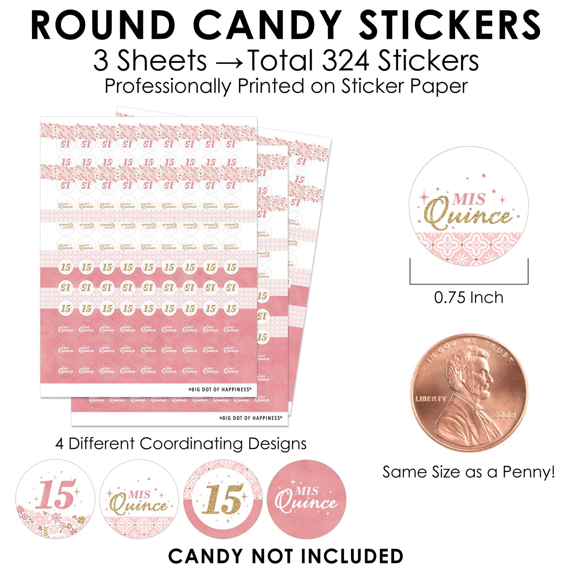 Big Dot of Happiness Mis Quince Anos - Quinceanera Sweet 15 Birthday Party Small Round Candy Stickers - Party Favor Labels - 324 Count