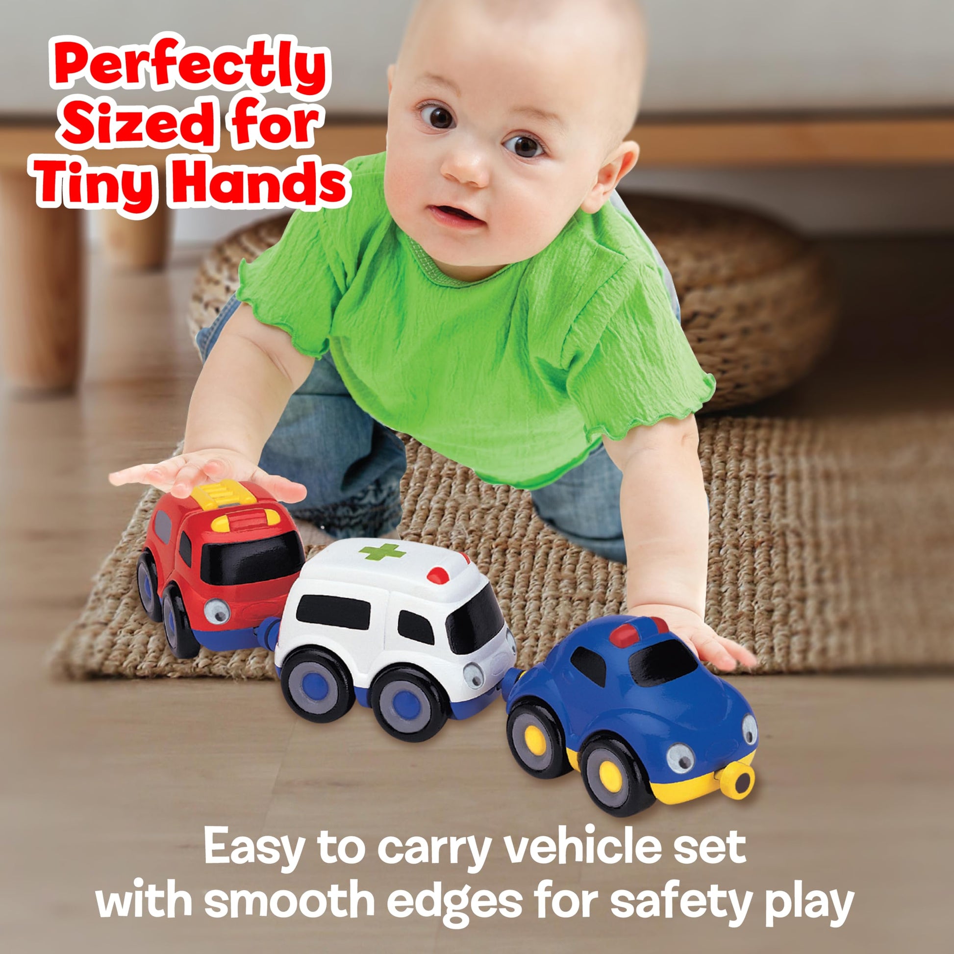 Small World Toys Emergency Vehicle Toys, Magnetic Tailgate Trio Cars for Toddlers 1-3, Preschool Mini Car Toys, Fire Engine, Police Car & Ambulance