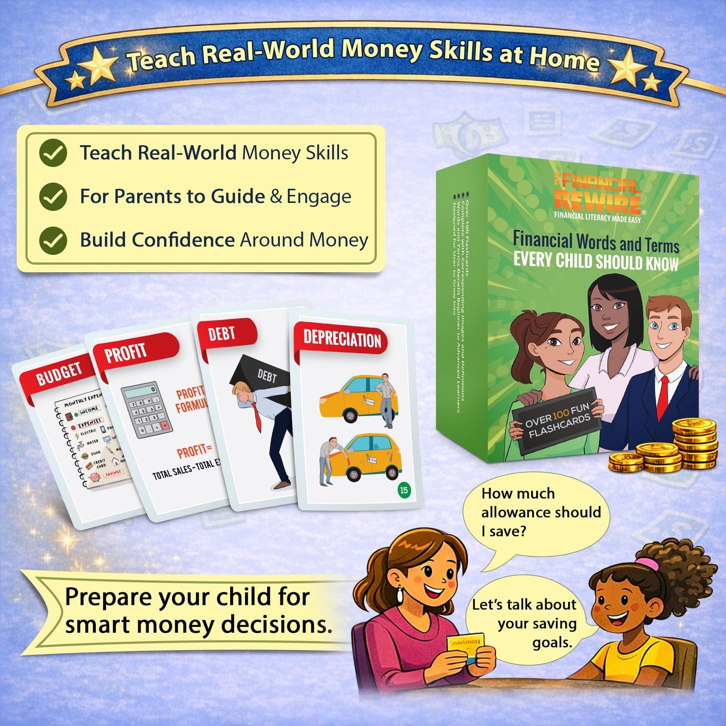 Financial Literacy Flashcards for Kids & Teens | 108 Money & Finance Terms with Images, Definitions & Discussion Prompts | 3 Skill Levels
