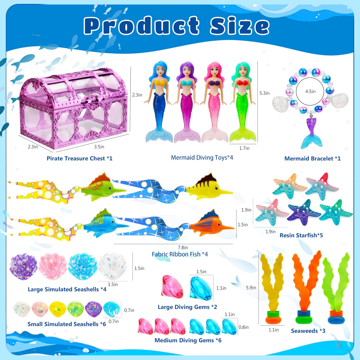 Hoplito 37 Pcs Diving Pool Toys Set with Treasure Chest, Mermaid Pool Toys Colorful Diamond with Storage Bag, Summer Underwater Game Toys Swimming