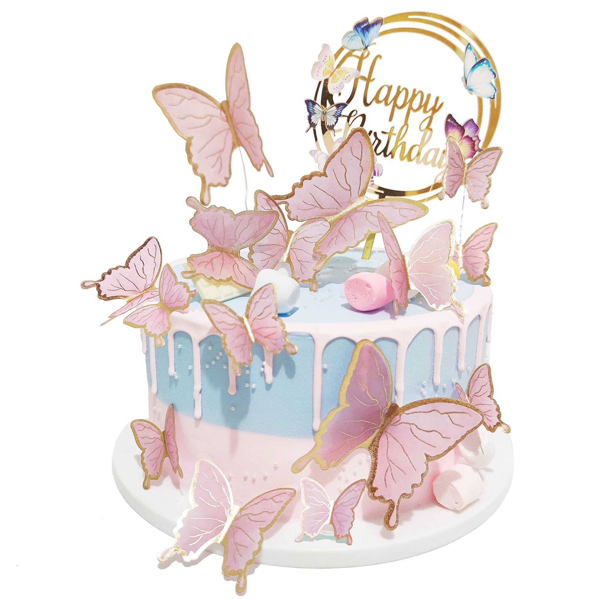 Butterfly Cake Toppers Decorations - 1 Big Happy Birthday Cake Topper & 15Pcs 3D Pink Gold Butterfly Cupcake Toppers - Party Supplies for Decorating