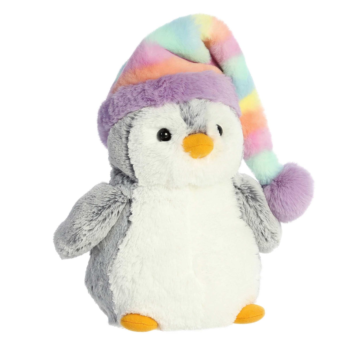Aurora Festive Pompom Penguin Pom Pom Rainbow Hat Stuffed Animal - Vibrant Companions - Endless Fun - Gray 9 Inches