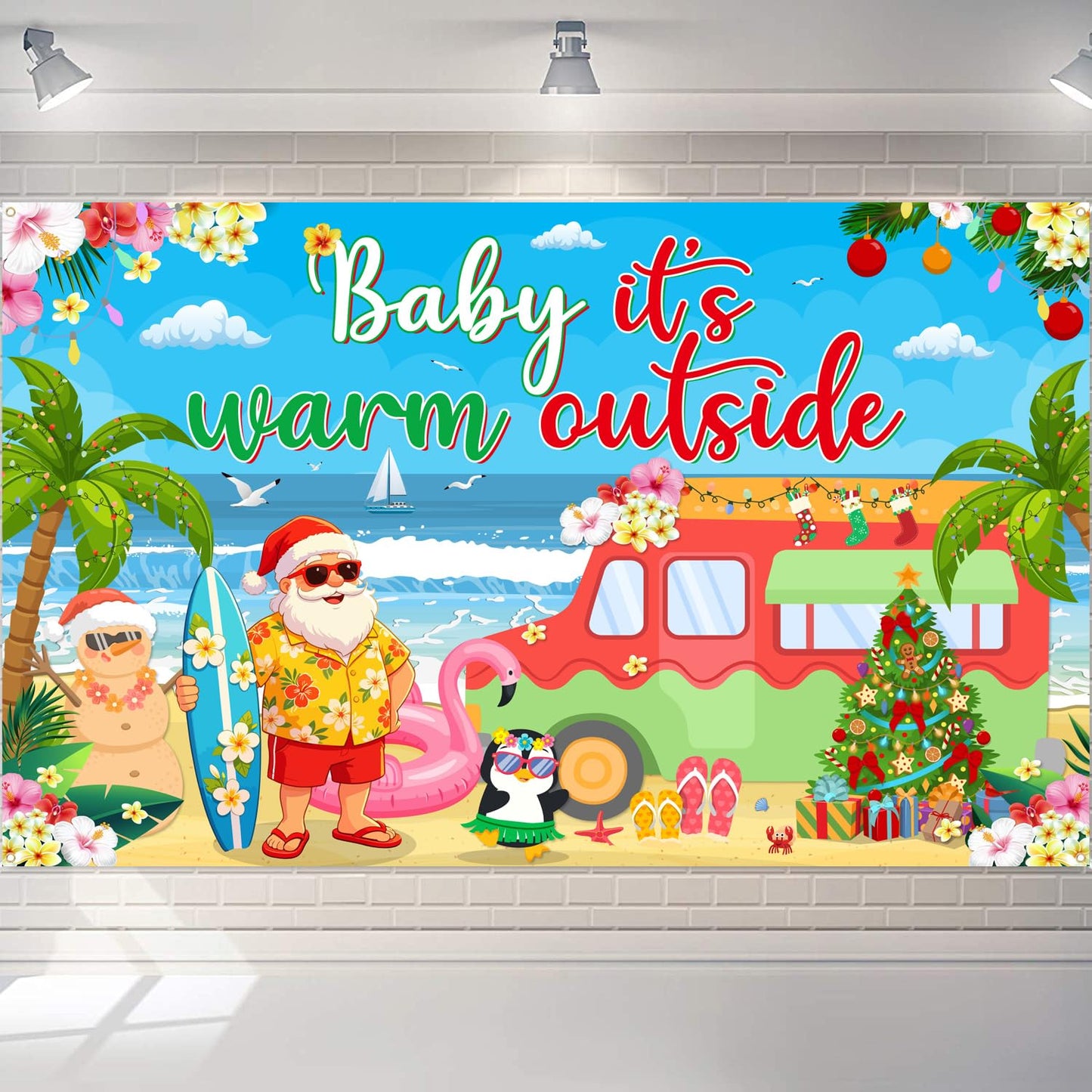 Christmas in July Backdrop 72x43 Inch Polyester Fabric, Baby Its Warm Outside Summer Santa Beach Party Decorations, Tropical Holiday Photo Background
