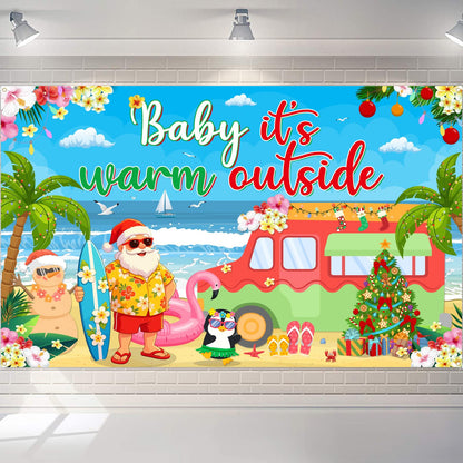 Christmas in July Backdrop 72x43 Inch Polyester Fabric, Baby Its Warm Outside Summer Santa Beach Party Decorations, Tropical Holiday Photo Background