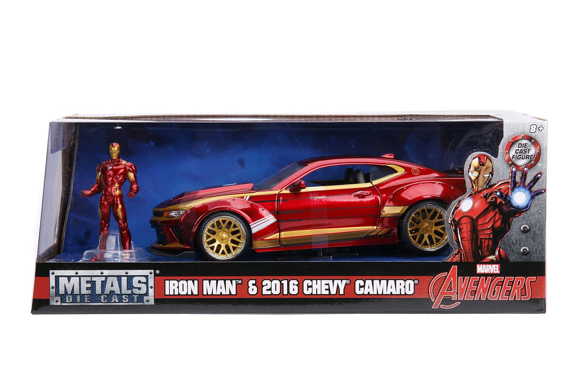 Jada Toys Marvel 1:24 2016 Chevy Camaro SS Die-cast Car with 2.75" Iron Man Figure, Toys for Kids and Adults, Red (99724)