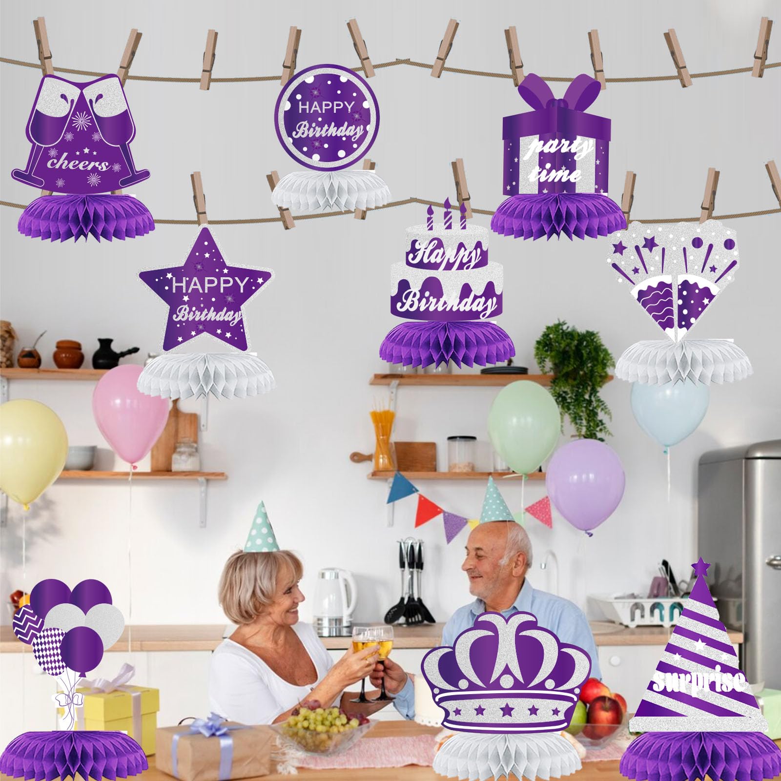 WINPOGEE 9PCS Purple Silver Happy Birthday Decorations Honeycomb Centerpieces for Women Men