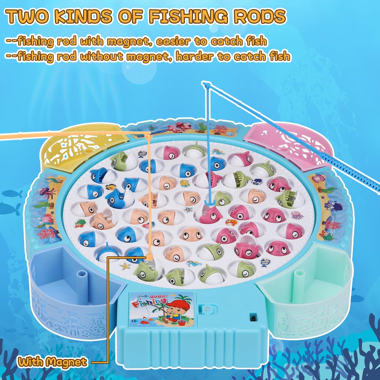 Pakoo Magnetic Fishing Game Toys, Rotating Board Game with Music Including 45 Fishes and 8 Fishing Poles, Christmas Party Game Toys for Kids Age 3 4 5