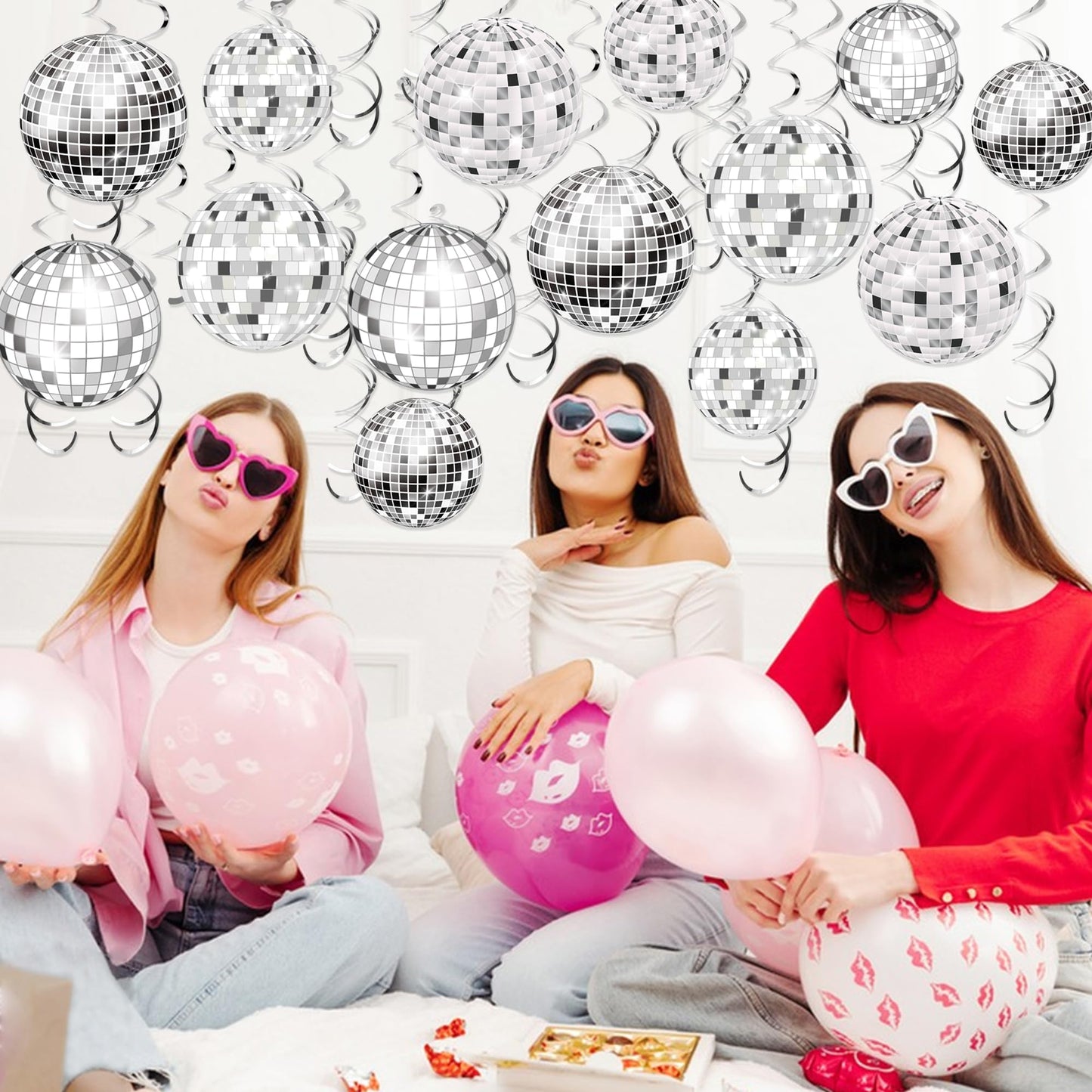 54 Pieces Disco Party Decorations Sliver Disco Ball Hanging Swirls 70s Ceiling Decor for 70s Fever Birthday Party Supplies