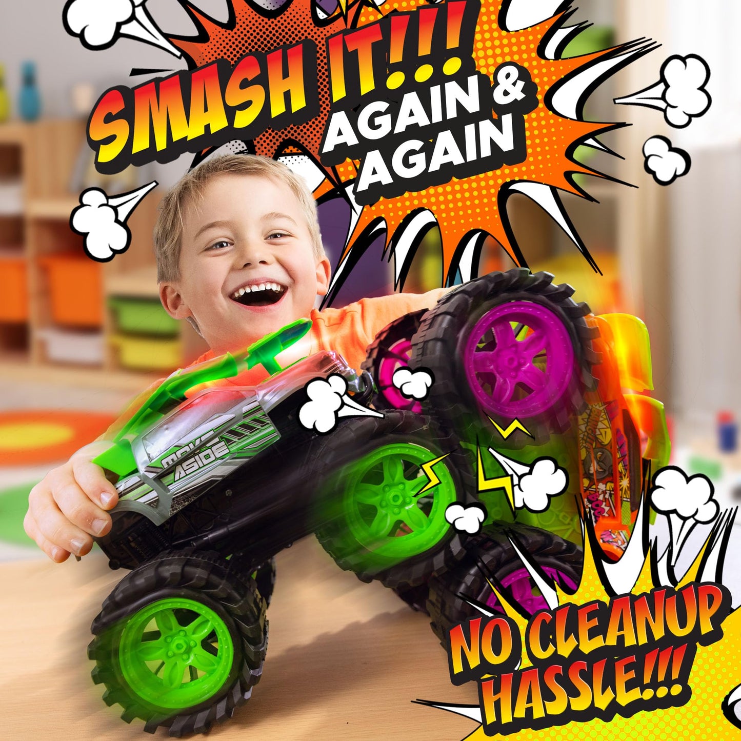 Team Power Exploding Monster Truck Toy with Explosive Crash Sounds and Lights, Smash It Up Again and Again, 8.7” Monster Truck Toys for Boys Kids Ages