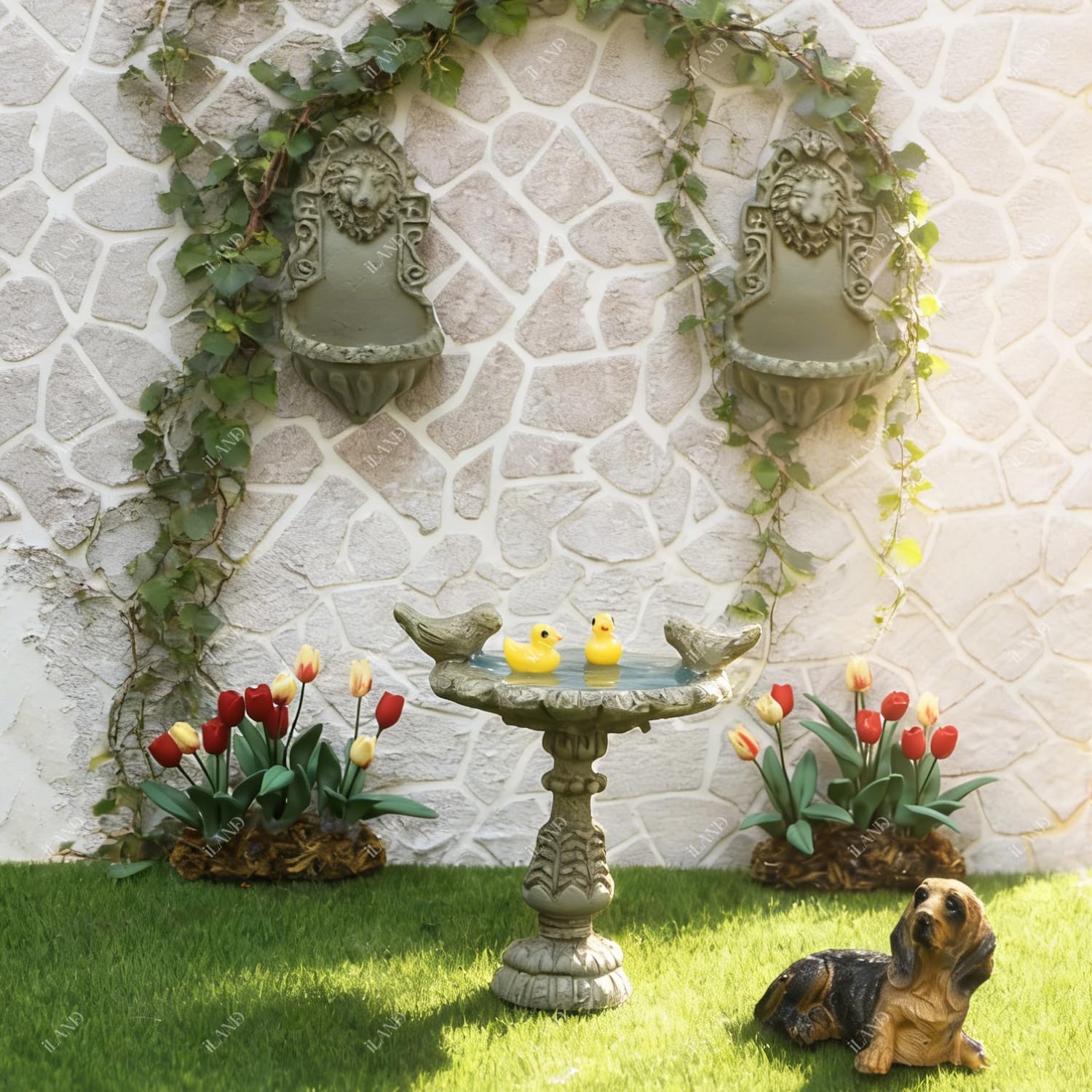 iLAND 1/12 Scale Garden Accessories Outdoor Miniature Birdbath Fountain & 2 Lion Wall Reliefs Mini Ornaments for Garden Dollhouse Décor Dollhouse