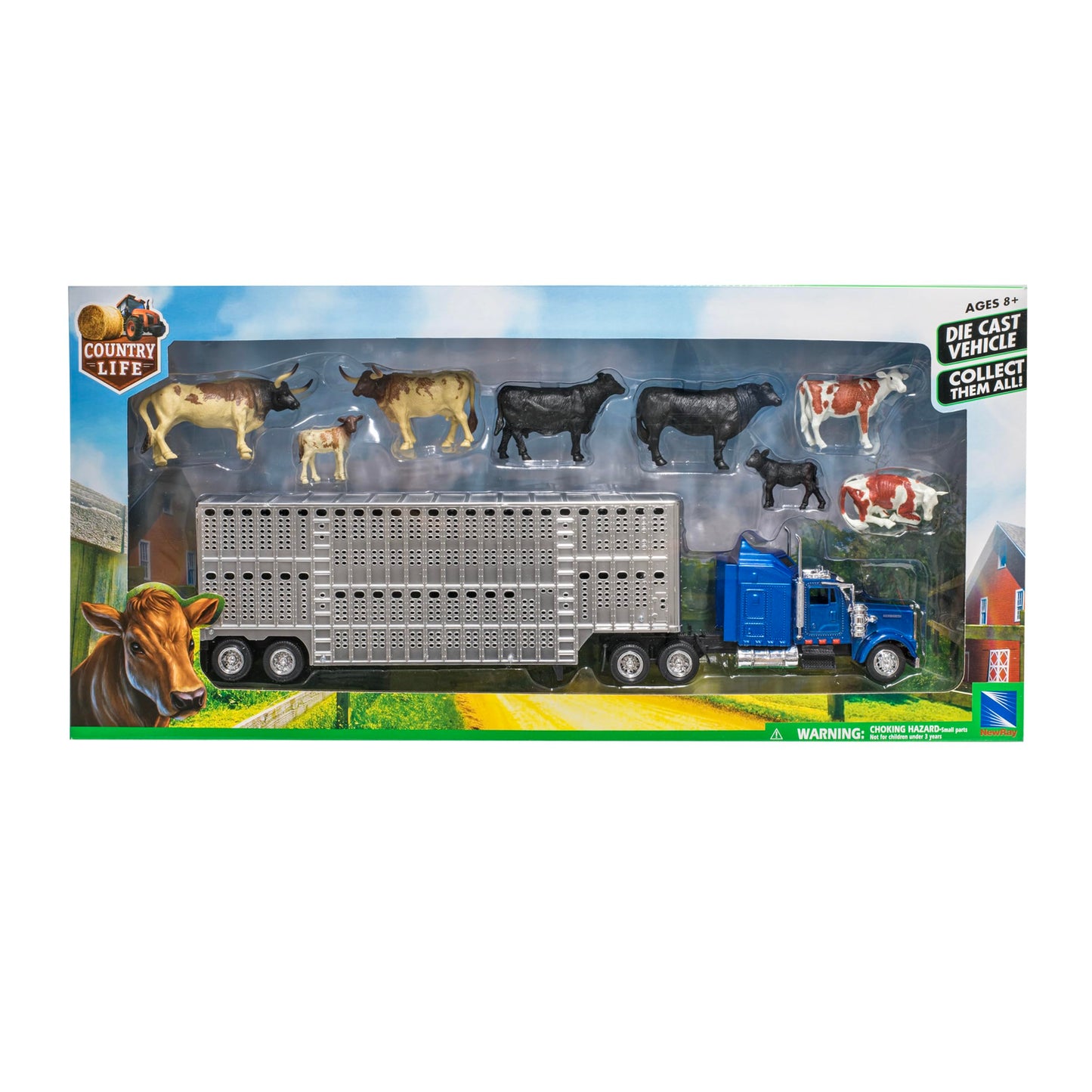 New Ray Country Life 1:43 Livestock Playset - Die-Cast Semi Truck & Trailer with 10 Cattle, Free-Wheeling Farm Vehicles, Opening Rear Door, Ages 8+