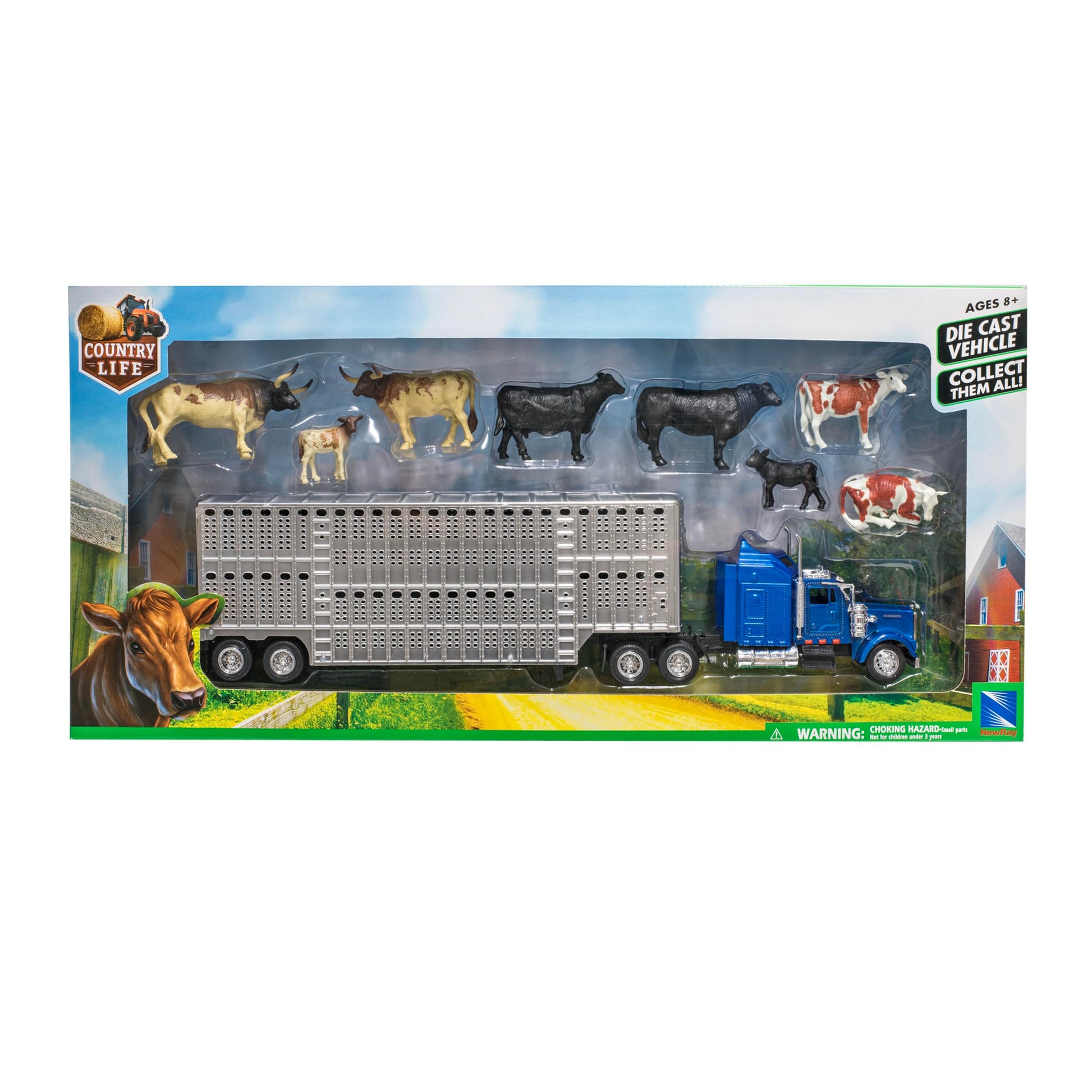 New Ray Country Life 1:43 Livestock Playset - Die-Cast Semi Truck & Trailer with 10 Cattle, Free-Wheeling Farm Vehicles, Opening Rear Door, Ages 8+