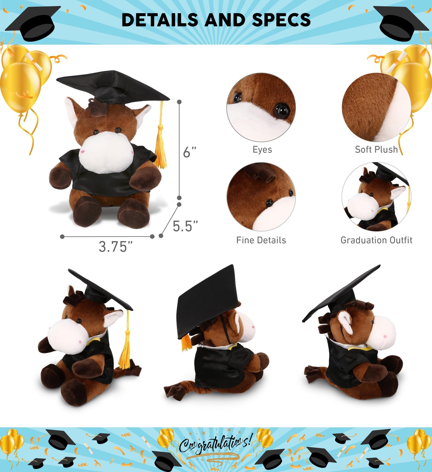 DolliBu Horse Graduation Plush Toy - Soft Huggable Graduation Stuffed Animal Dress Up with Gown and Cap with Tassel Outfit - Graduation Gift