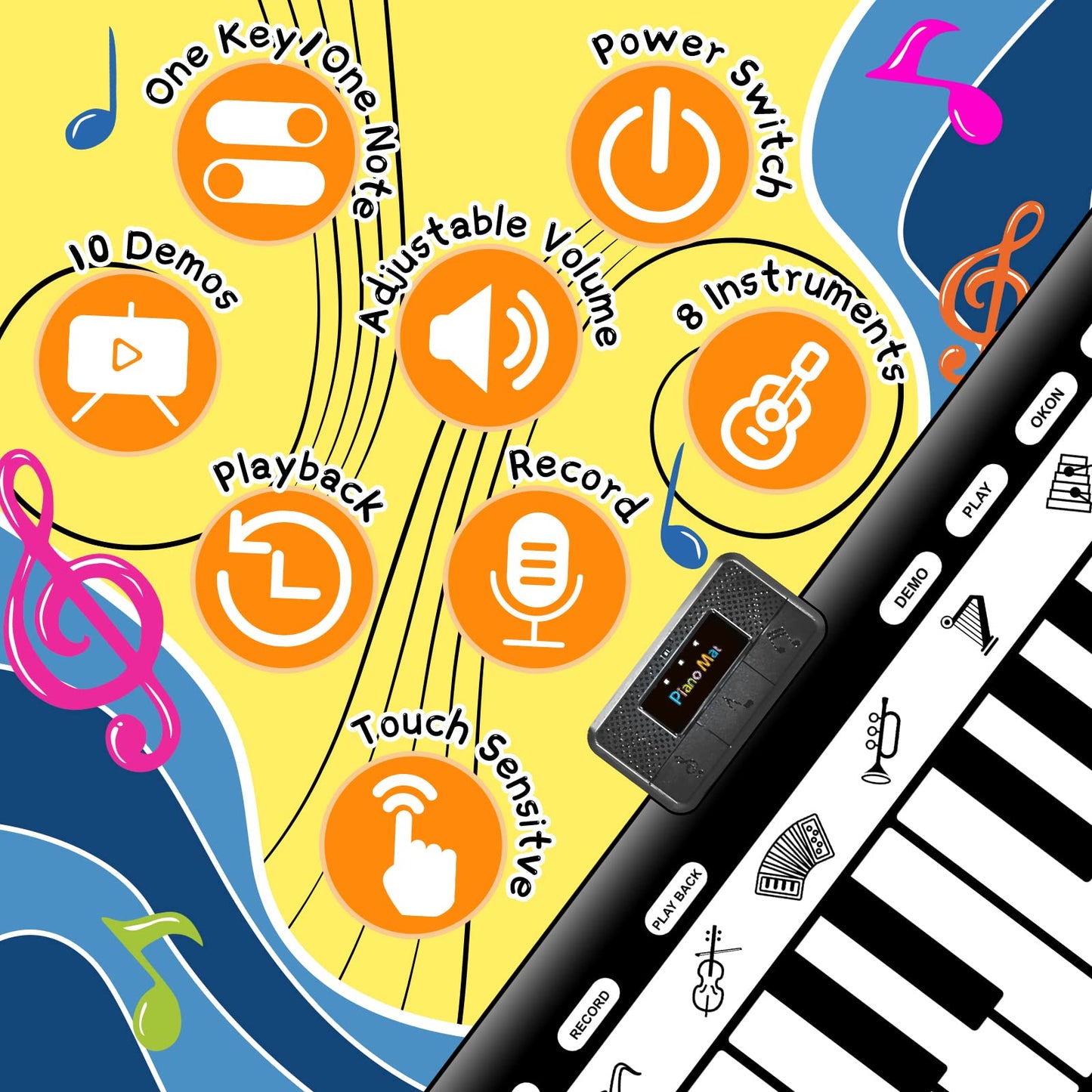 TWFRIC 6ft. Piano Mat with 24 Keys & 10 Demos & 8 Musical Instruments Sounds & 4 Play Modes, Giant Dance Floor Piano Music Play Mat 71'' Large