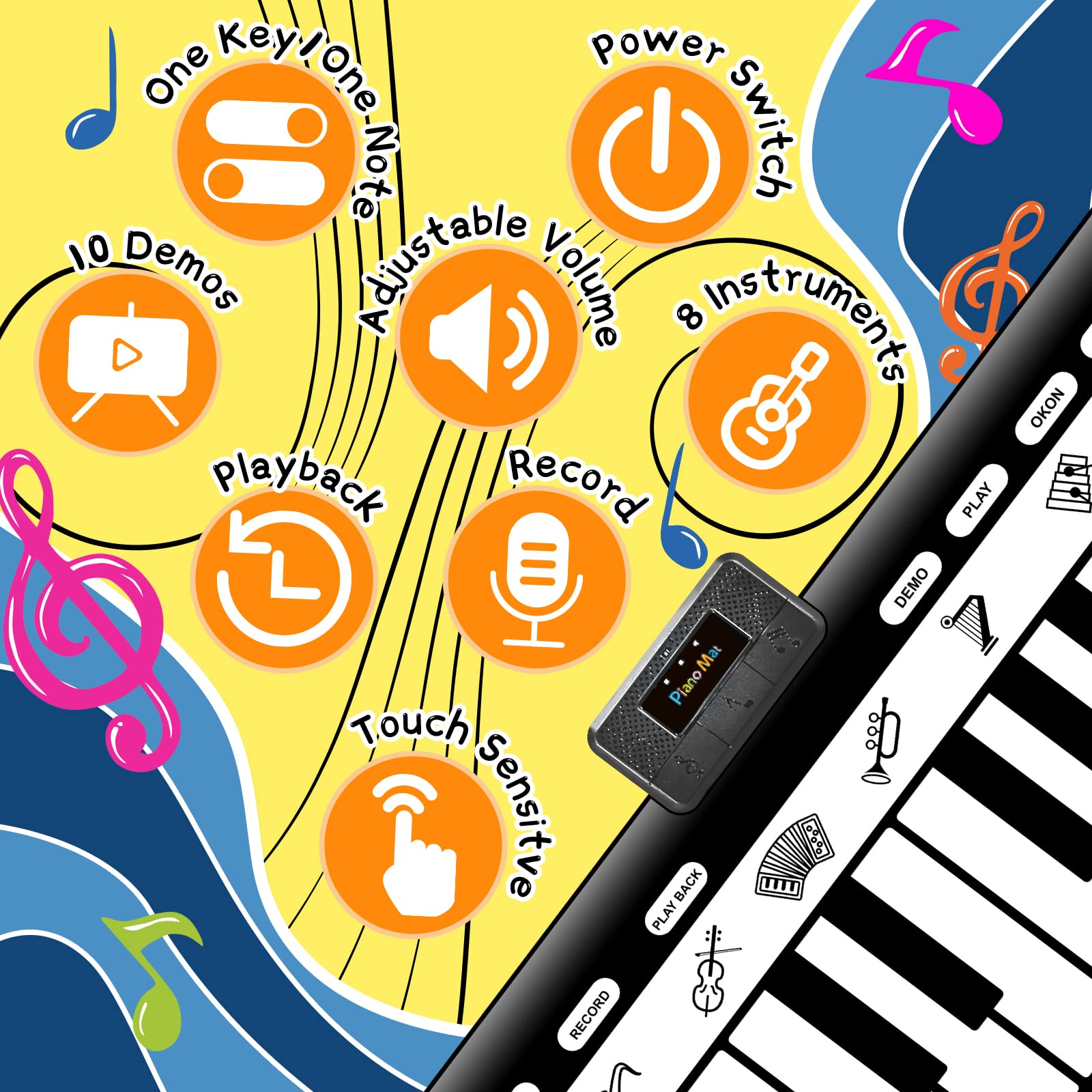 TWFRIC 6ft. Piano Mat with 24 Keys & 10 Demos & 8 Musical Instruments Sounds & 4 Play Modes, Giant Dance Floor Piano Music Play Mat 71'' Large