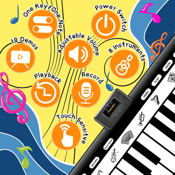 TWFRIC 6ft. Piano Mat with 24 Keys & 10 Demos & 8 Musical Instruments Sounds & 4 Play Modes, Giant Dance Floor Piano Music Play Mat 71'' Large