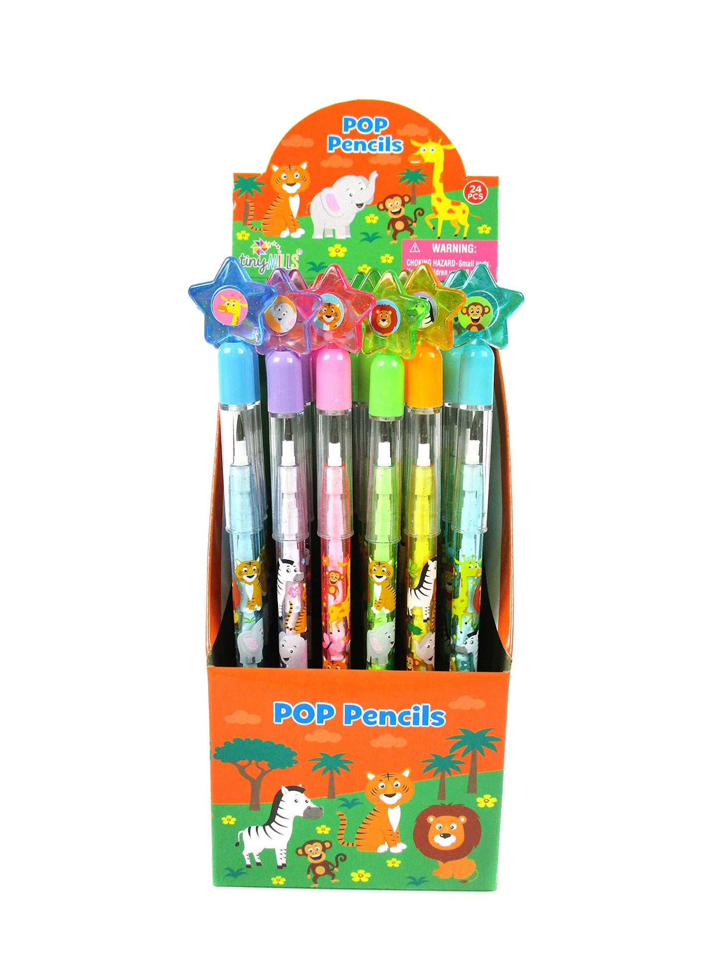 TINYMILLS 24 Pcs Safari Jungle Animals Stackable Push Pencil Assortment with Eraser for Party Favors Goodie Bag Stuffers VBS Classroom Rewards Pinata